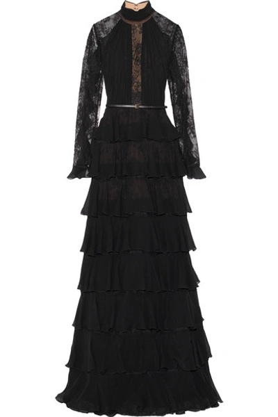 Elie Saab Tiered Ruffle-trimmed Lace And Chiffon Gown In Black
