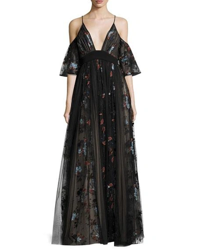 Elizabeth And James Sequoia Floral-embroidered Cold-shoulder Tulle Gown In Slate Multi/ Blac