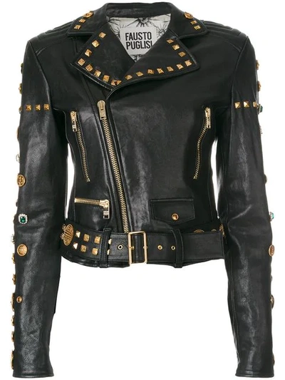 Fausto Puglisi Embellished Leather Biker Jacket In Black