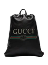 Gucci Logo Print Leather Drawstring Backpack In Black