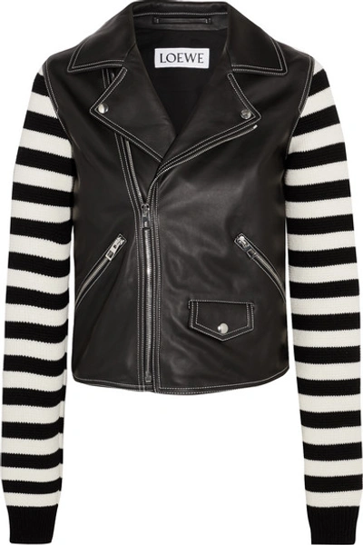 Loewe Leather And Striped Cotton-blend Biker Jacket In Black