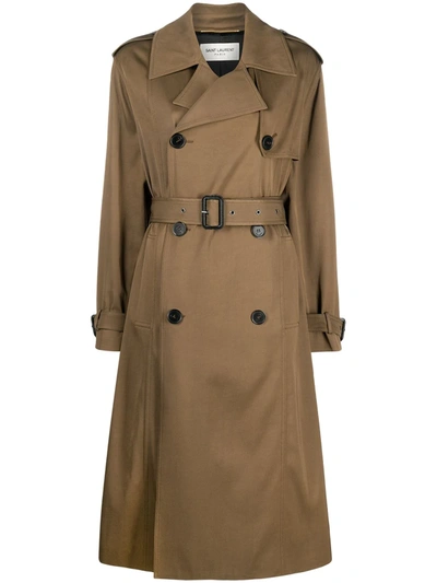 Saint Laurent Belted Double-breasted Gabardine Trench Coat In Brown