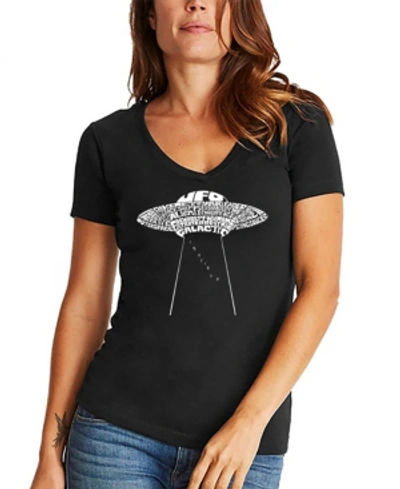 La Pop Art Women's Word Art Flying Saucer Ufo V-neck T-shirt In Black