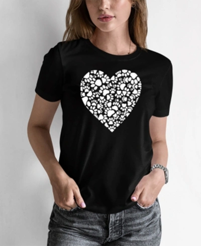 La Pop Art Women's Word Art Paw Prints Heart T-shirt In Black