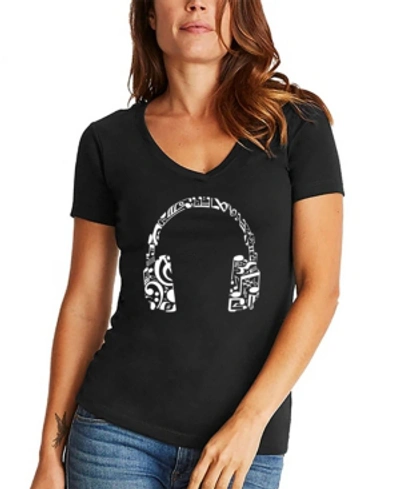 La Pop Art Women's Word Art Music Note Headphones V-neck T-shirt In Black