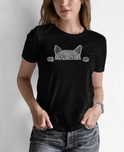 La Pop Art Women's Word Art Peeking Cat T-shirt In Black