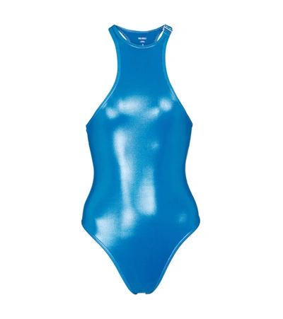 Attico Halterneck High-shine Swimsuit In Blue