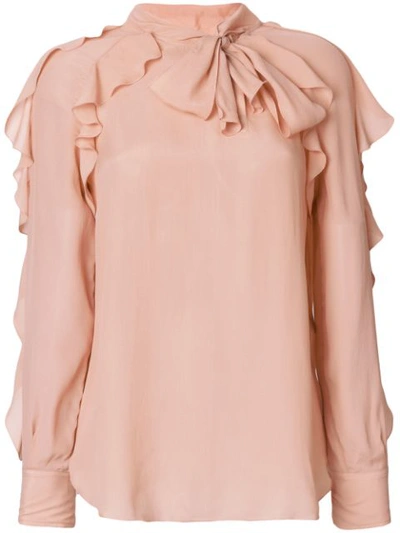 See By Chloé Tie-neck Ruffled Silk-blend Blouse In Pink