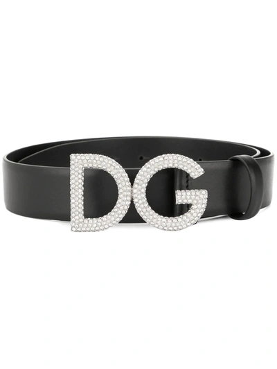 Dolce & Gabbana Calfskin Belt With Rhinestone Logo Buckle In Black/white