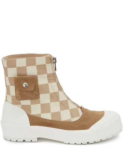 Jw Anderson Checkered-print Ankle Boots In Brown