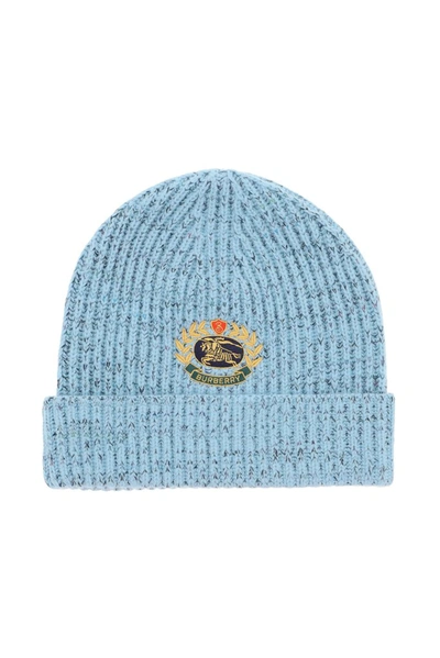 Burberry Logo Crest Embroidered Knit Beanie In Blue