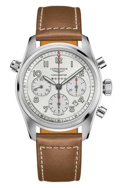 Longines Spirit 42mm Stainless Steel & Leather-strap Chronograph Watch In Tan/ White/ Silver