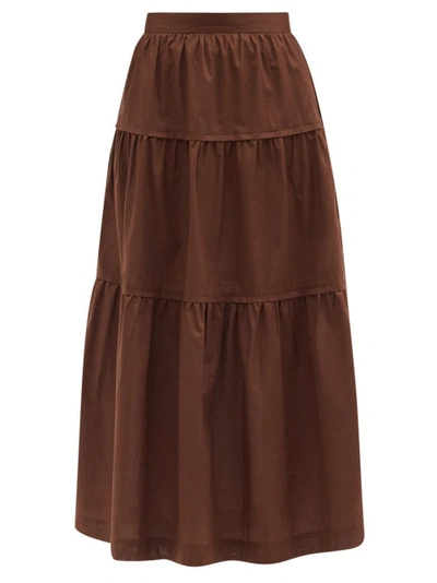 Three Graces London Omisha Tiered Cotton-poplin Midi Skirt In Brown