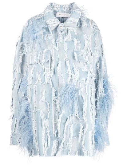 Marques' Almeida Ostrich Feather-trimmed Distressed-denim Overshirt In Blue