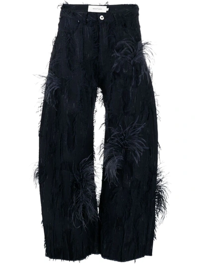 Marques' Almeida Feather-trimmed Distressed Boyfriend Jeans In Blue