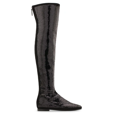 Giuseppe Zanotti - Black Fabric Cuissard Boot With All Over Sequins Candle