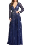 Mac Duggal Vertical Sequin Long-sleeve V-neck Gown In Midnight