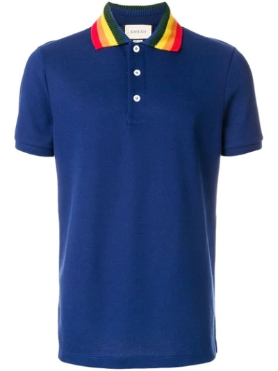 Gucci Slim-fit Appliquéd Stretch-cotton Piqué Polo Shirt In Blue