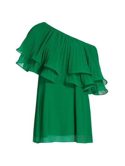 Badgley Mischka Off-the-shoulder Ruffled Pleated Georgette Mini Dress In Palm Green