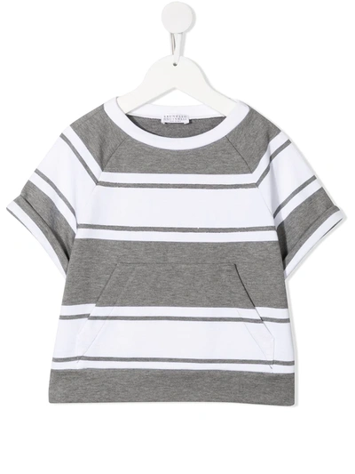 Brunello Cucinelli Kids' Cotton Striped French Terry Sweatshirt With Monili In Grey