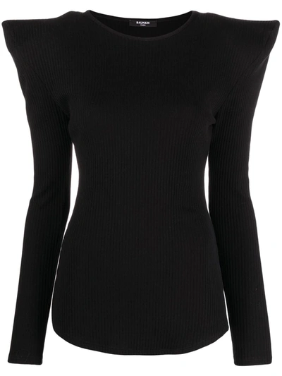 Balmain Shoulder-pad Detail Ribbed-knit Top In Black