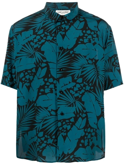 Saint Laurent Palm Print Short Sleeve Silk Button-up Shirt In Noir Peacock