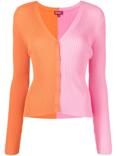 Staud Colourblock Panel Rib Knit Cardigan In Orange