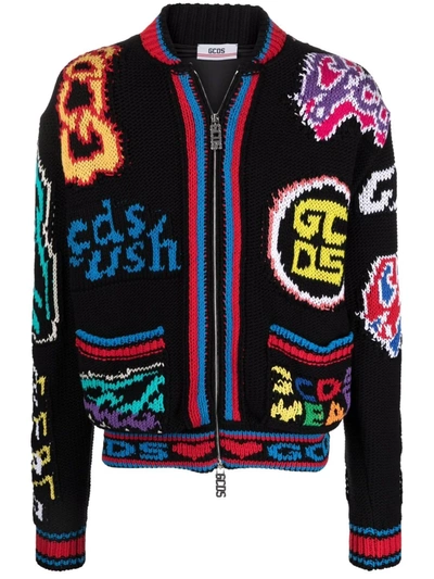 Gcds Logo-print Chunky-knit Jacket In Black