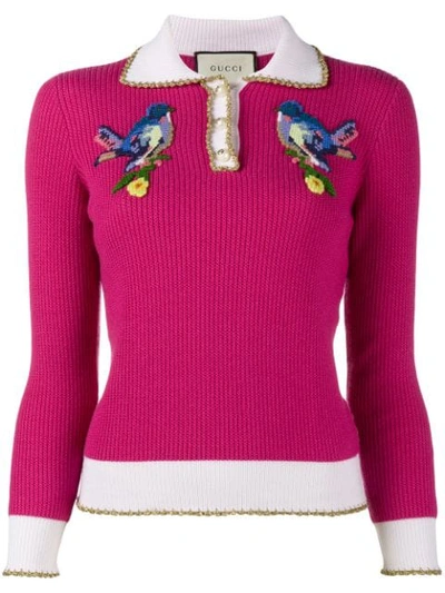 Gucci Bird Embroidered Knitted Polo Top - Pink In Pink/purple