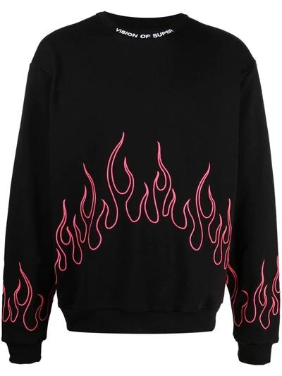Vision Of Super Flame Embroidery Cotton Sweatshirt In Black