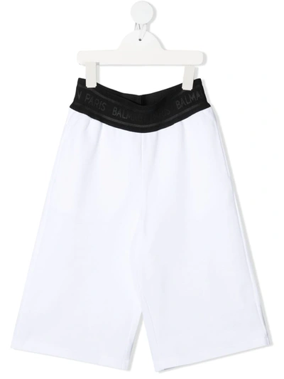 Balmain Kids' Logo-waistband Wide-leg Trousers In 白色