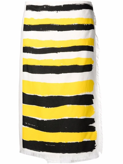 Marni Brushstroke Stripe-print Frayed-canvas Wrap Skirt In Maize