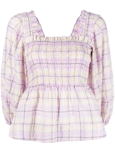 Ganni Check Print Balloon-sleeve Blouse In Orchid Bloom