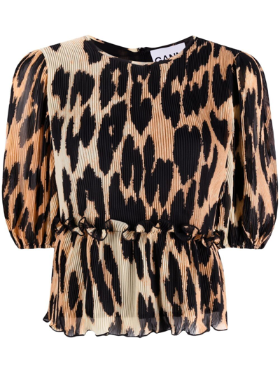 Ganni Leopard-print Pleated Georgette Top In Neutrals