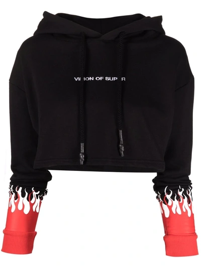 Vision Of Super Woman Red Flames Black Cropped Hoodie