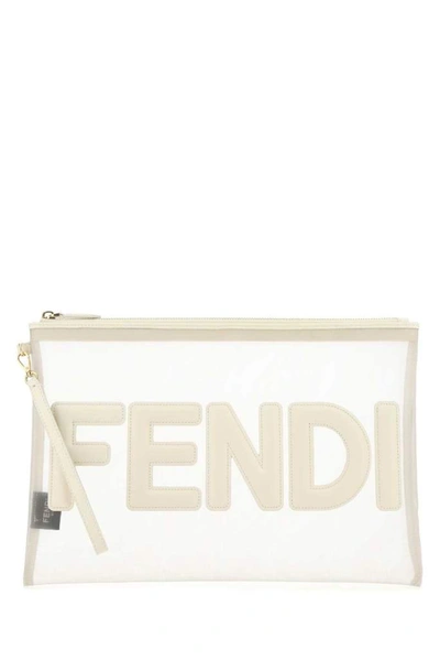 Fendi Mesh Large Flat Pouch In Beige