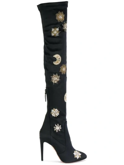 Aquazzura Dorado Embellished Satin Over-the-knee Boots In Black