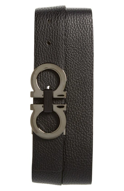 Ferragamo Moufflon Adjustable & Reversible Double-gancini Buckle Leather Belt In Black/hickory
