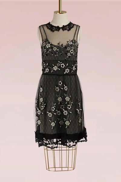 Red Valentino Embroidered Floral Tulle Dress In Nero/avorio