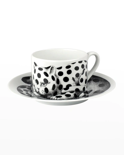 Fornasetti Tea Cup High Fidelity Pois Spotted Cat In White/black