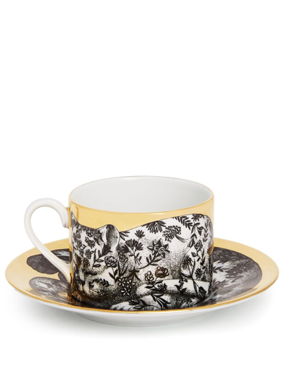 Fornasetti Fidelity Fiorato 猫图案茶杯 In White/black/gold