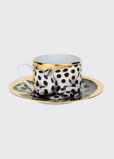 Fornasetti Tea Cup High Fidelity Pois Spotted Cat In White/black/gold