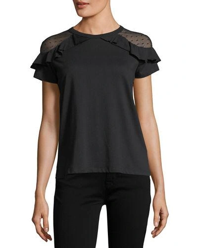 Red Valentino Cotton T-shirt W/ Ruffle-trimmed Point D'esprit Shoulders In Black