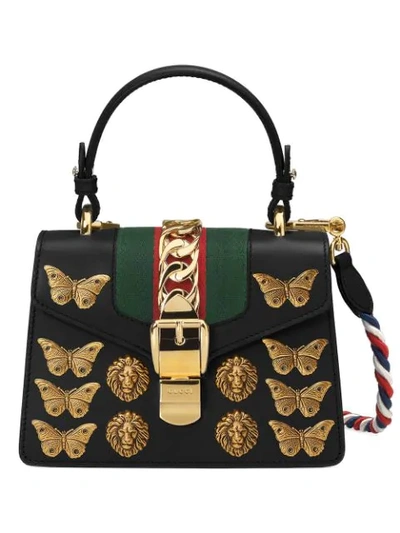 Gucci Sylvie Small Top-handle Satchel Bag With Animal Embellishments In Black