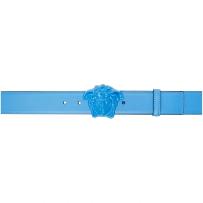 Versace Medusa Head Leather Belt In Blue-blue- Gold