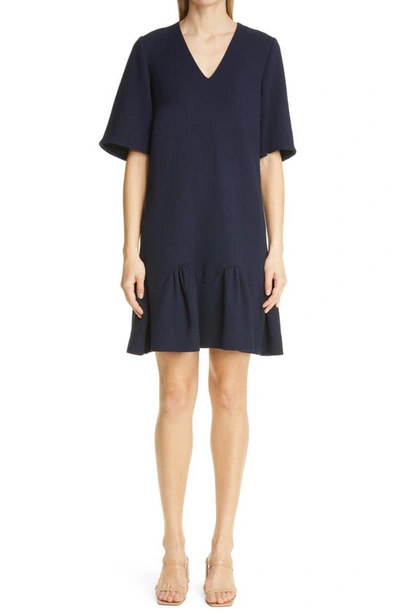 Lela Rose Wool Crepe Flounce-hem Tunic Dress In Navy