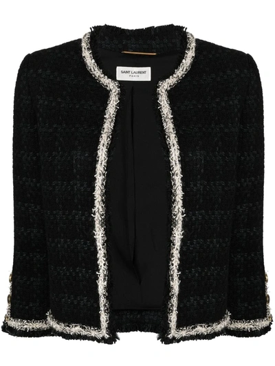 Saint Laurent Check Wool & Silk Blend Tweed Jacket In Black