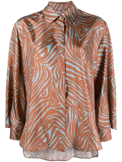 Alberto Biani Zebra-print Flounce Sleeve Shirt In Brown