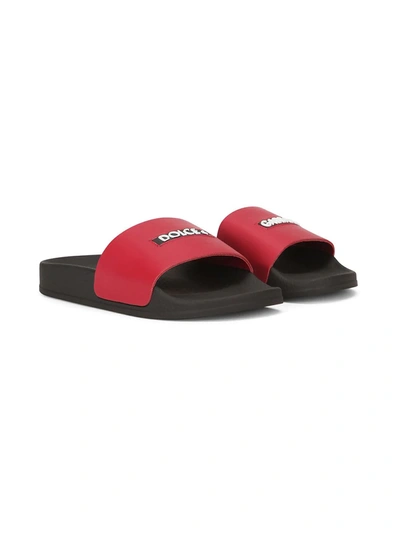 Dolce & Gabbana Kids' Logo Leather And Rubber Slides In Red