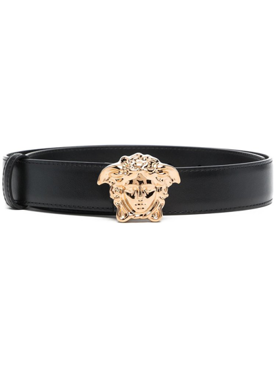 Versace Medusa Calfskin Leather Belt In Black